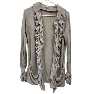 Charming Charlie size large women’s gray ruffled cardigan, long sleeves